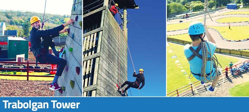 Trabolgan Tower includes rock climbing, abseiling and zip wire